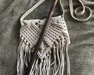 Crochet bag and wood cane