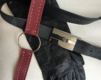 Leather gloves, leather belt and bracelet