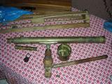 Antique (prob. late 1800's) brass refracting Telescope, with case, extra eyepiece with sun shield, tripod (tripod as is). Clockwork is with it but possibly not related. Main tube is 34" long, by 2.5-3.0 inches in diameter. SEE additional photos below.