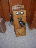 Great Oak Wall Phone made by Julius Andrae of Milwaukee, WI; insides complete except battery.