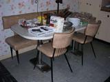 Kitchen set with bench, 2 chairs and double pedestal table with Boomerang Pattern top
