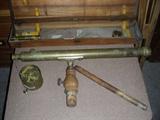 Antique (prob. late 1800's) brass refracting Telescope, with case, extra eyepiece with sun shield, tripod (tripod as is). Clockwork is with it but possibly not related. Main tube is 34" long, by 2.5-3.0 inches in diameter