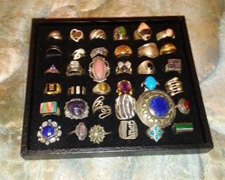 Collection of sterling silver rings with mounted semi precious stones