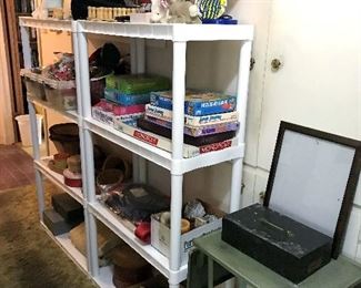 Vintage typewriter stand, toys, games, lamps, candles and miscellaneous