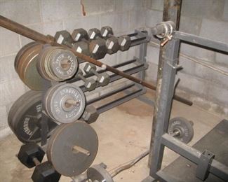 Free weights, weight bench, dumbbells