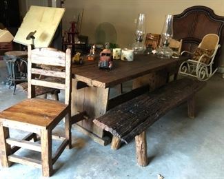 Rustic Wood Table w/ 2 Benches & 2 Chairs