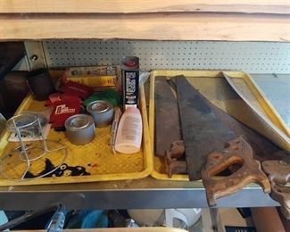 2 trays and contents - saws and coozies