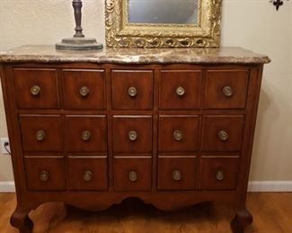 Beautiful Hickory and White Marble Top Apothecary Style Cabinet