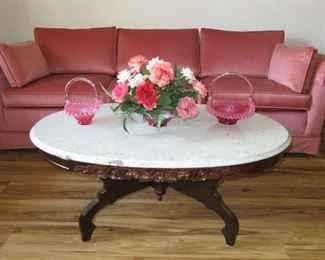 Pretty Pink Velour Sofa, Victorian Marble Top Carved Wood Coffee & Matching End Tables 