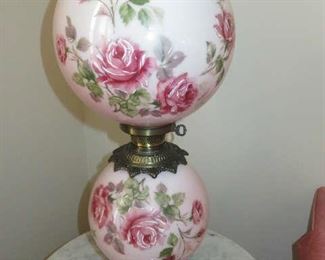 Vintage Pair Hand Painted Rose Design Banquet Gone With the Wind Hurricane Lamps