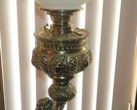 Antique Solid Brass Victorian Cherub Lamp with Hand Painted Globe