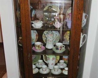 Antique Oak Curved Glass Curio Cabinet