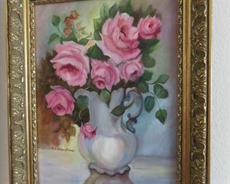 Vintage Framed Pink Rose Still Life Oil Painting Artist Signed,  T. E. Vitacolonna