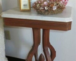 Antique Victorian Eastlake Walnut White Marble Top Side Table