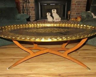 Mid Century Moroccan Style Oval Tray Top Coffee Table with Teak Base
