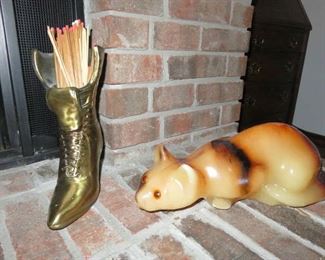 Vintage Brass Victorian Lady's Boot Planter Fireplace Match Holder, Large Wax Cat Candle 