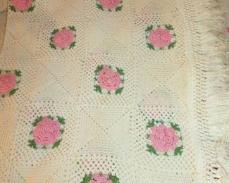 Vintage Hand Crochet Pink Rose Bedspread