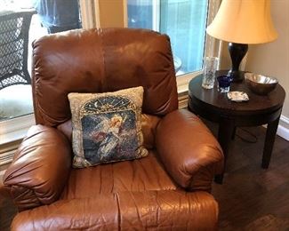 Brown Recliner, End table, Lamp