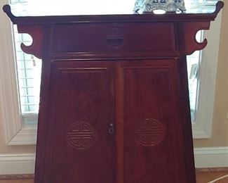Rosewood Asian Mid-Century Sideboard Altar with Blue and White Pagoda Lantern Lamp.
