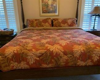 Mahogany Kincaid Four poster Wheat Sheaves California King with steps. Two Chipendale style end tables. 