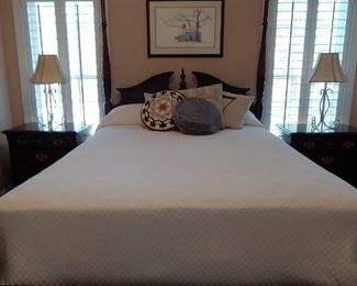 Beautiful modern mahogany four poster Queen bed with End tables and dresser. Clean lines.