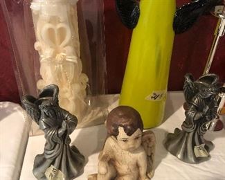 SOLD PEWTER CANDLE STICKS AND ANGEL  have rest 