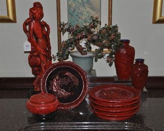 Gorgeous collection of Chinese Cinnabar including "The Five Perceptions of Weo Cho" numbered plates, blue enamel vases and covered jar and as well as a mid century glass cherry blossom tree!