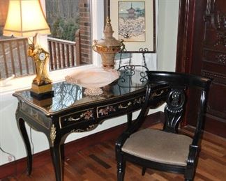 Amazing black lacquer with gold trim  Asian style writing desk and chair by Century with protective glass top. Desk is 51"w x 30"h x 26"d