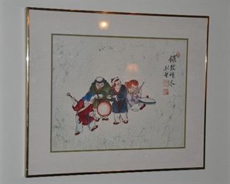 Hand painted on textile, signed framed Asian Musicians   29" x 24"
