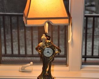 Rare Dale Tiffany Antiques Roadshow Signature Art Deco Gorgeous Lamp With Clock. Figurine and base are 16"