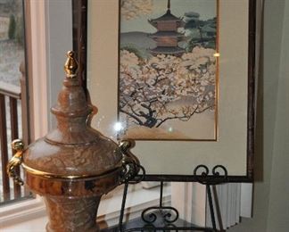 Beautiful signed Japanese wood block print by Benji Asada, framed 17" x 22" shown with a 21" Fossil Stone Urn with gold handles