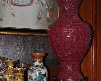 Wonderful 19" Cinnabar Urn shown with three petite porcelain vintage Chinese vases
