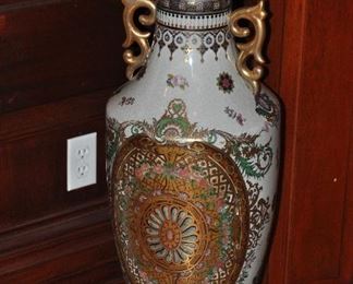 Amazing crackle porcelain gold gilded 32" floral and medallion design vase with ruffled top