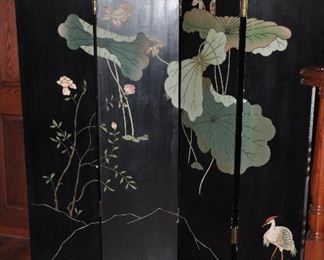 Art Deco four panel double sided Asian Room Divider, colorful on flip side and decorated with birds and painted scene on a gold leafed background, 64" x 72"
