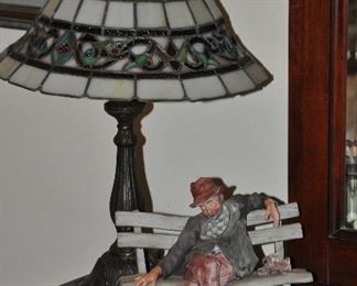 Gorgeous 19" stained glass Tiffany style lamp shown with a fantastic fine porcelain figurine from Romania