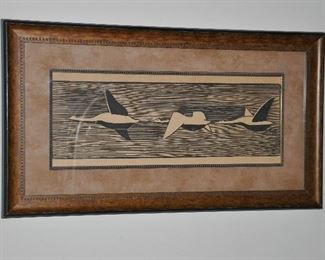Vintage c.1946 woodcut, "Three Geese in flight" by signed Gerhardt Marcks, overall 27" x 15"