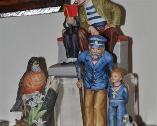Vintage Gallery Birds by Gorham shown with two Norman Rockwell figurines "Looking  Out to the Sea" and a Danbury Mint Norman Rockwell, The Interloper 