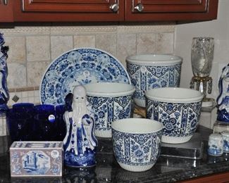 Great assortment of Delft planters and Blue and White porcelain Asian Figurines
