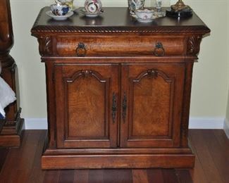 Lovely one drawer carved mahogany nightstand/small chest, 37"w 33"h x 20.5"d (two available) 