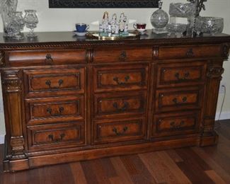 Beautiful 9 drawer carved mahogany  triple dresser, 74"w x 38"h x 20.5"d