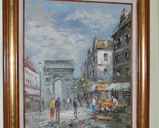 Oil on canvas, Paris street scene signed Burnett, 27"w x 31"