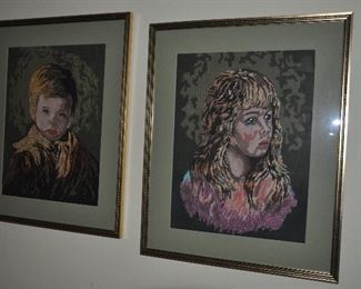 Amazing pair of framed and matted "Children" needlepoint's,  19.5" x 24"