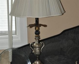 Vintage etched silver trophy style table lamp with a marble base
