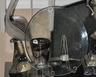 Wonderful vintage art studio blown glass Peacock, shown with an Annie Glass platter and a vintage Kosta Boda Mine swirl tumbler