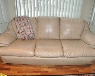 Light taupe leather sleeper sofa, 82"w 34"h x 32"d