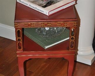 Another painted wood Asian style petite side table shown with a Droll Pottery vase and great coffee table books!