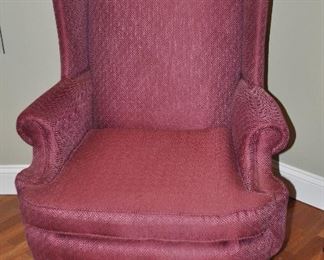 Fashion House Furniture, North Carolina.  Maroon wing back chair.  31"w x 42"h x 38"d