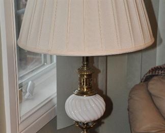 Vintage heavy brass and glass table lamp with silk shade.