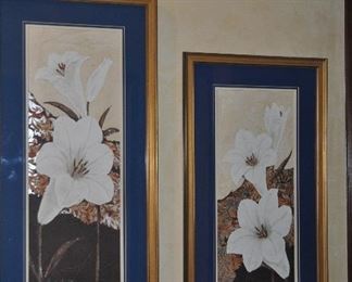 Double matted and framed Claudia Ancilotti white orchid prints, 17.5" x 35"