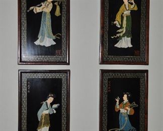 Wonderful hand painted and signed Black lacquer framed Asian Women! Each is 12" x 22"